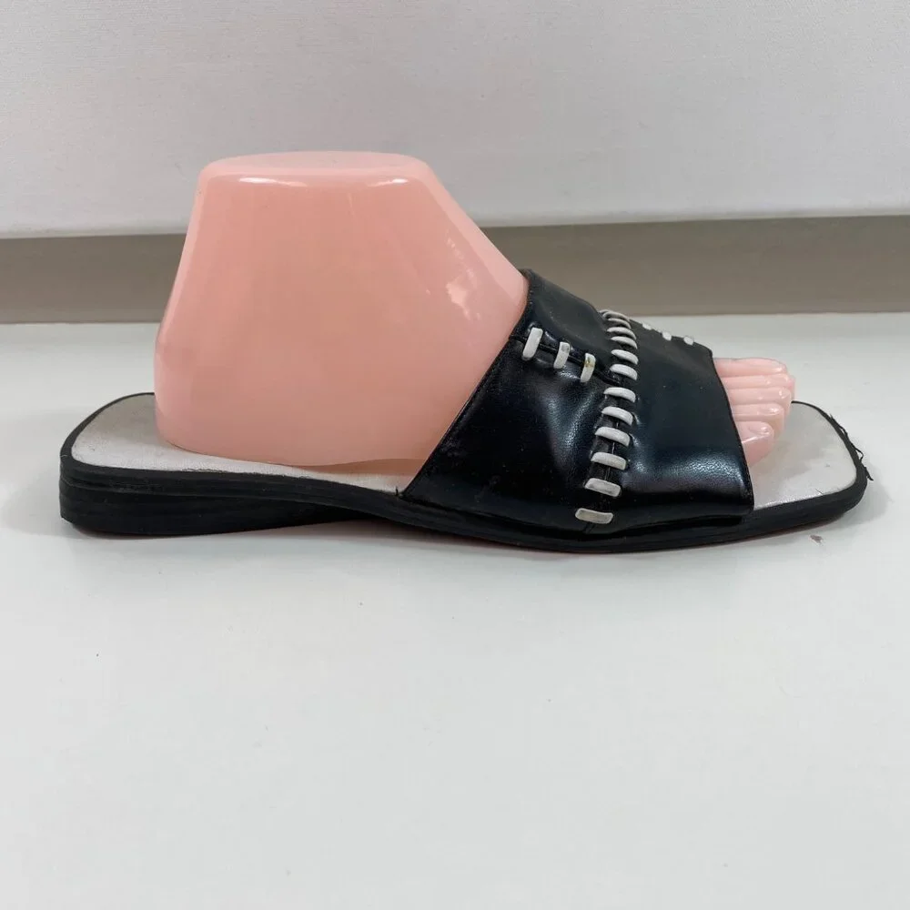 Vintage Jubilee Womens Leather Slides Black White Stitching Accents Size 10